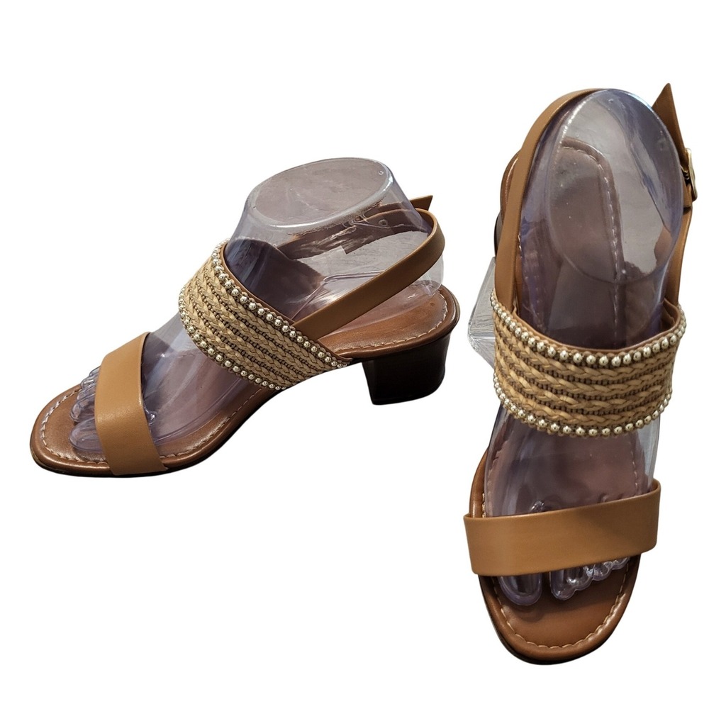 Made in Italy Tan Beaded Raffia Block Heel Slingback Sandals Women 7 Italian